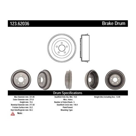 Centric C-Tek Standard Brake Drum, C-Tek 123.62036 123.62036
